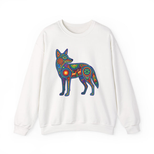Huichol art coyote sweatshirt featuring vibrant Mexican folk dot art design.
