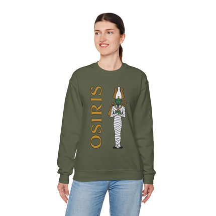 Osiris Egyptian god mummy graphic on a green pullover sweatshirt.