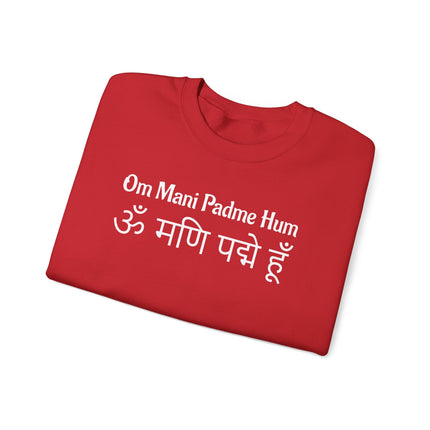 Om Mani Padme Hum mantra graphic on red spiritual sweatshirt.
