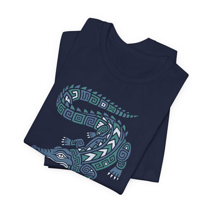 Mayan Crocodile T-Shirt | Curled Reptile with Geometric Patterns Tee