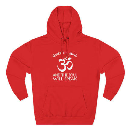 Red Om symbol hoodie with "Quiet the Mind and the Soul will Speak" spiritual message.