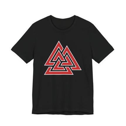 Red Valknut Norse symbol graphic tee on a black unisex t-shirt.
