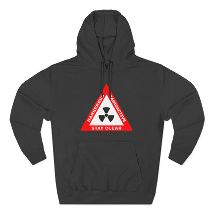 Dangerous radioactive warning symbol on a black hoodie. Stay clear hazard graphic.
