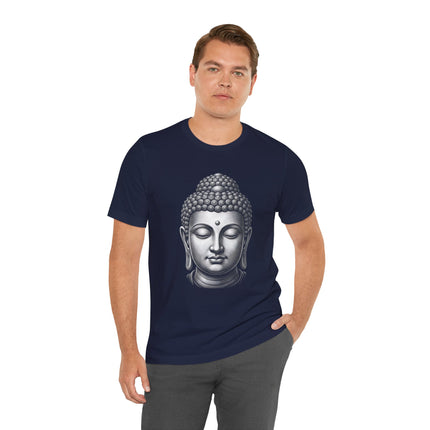 Dark blue t-shirt featuring a grayscale illustration of a serene Buddha head, symbolizing peace and zen.