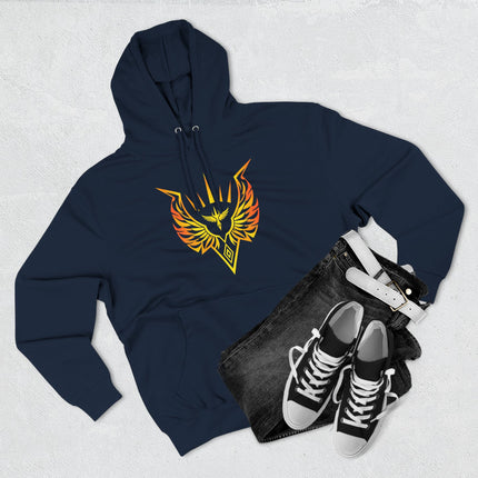 Golden Valkyrie winged emblem graphic on a navy blue Norse mythology hoodie.