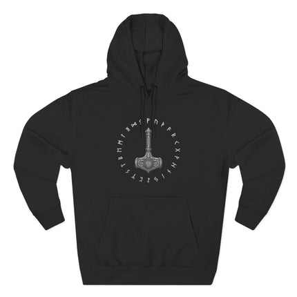 Mjolnir Thor's Hammer and Norse runes graphic on a black Viking mythology hoodie.