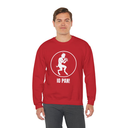 Red sweatshirt featuring the IO PAN! satyr graphic, referencing Greek mythology and nature.