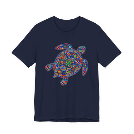 Vibrant Huichol art turtle graphic tee with Mexican indigenous cultural design.