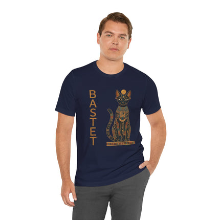 Bastet Egyptian cat goddess t-shirt featuring mythological hieroglyphic art.