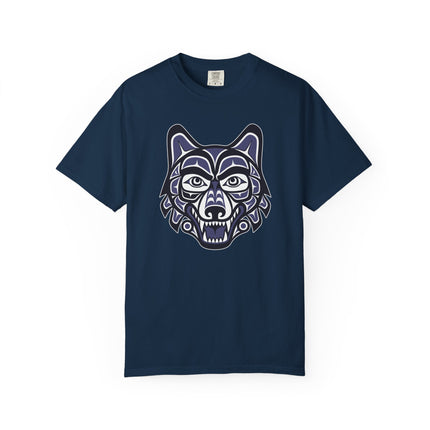 Haida wolf head graphic tee featuring Pacific Northwest Indigenous formline art.