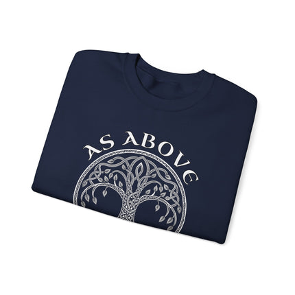 As Above So Below Celtic Tree of Life sweatshirt with intricate knotwork design.