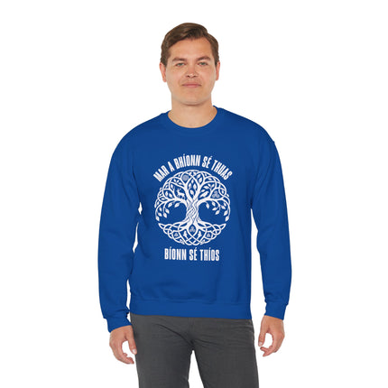 Blue sweatshirt with Celtic Tree of Life knot and Irish Gaelic spiritual text.