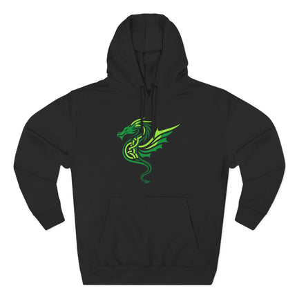 Green Celtic dragon knotwork graphic printed on a black pullover hoodie.