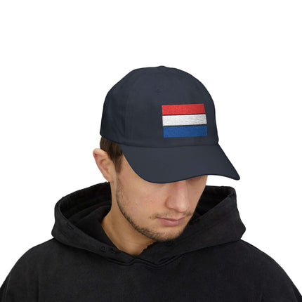 Embroidered Netherlands flag baseball cap with red, white, and blue tricolor stripes.