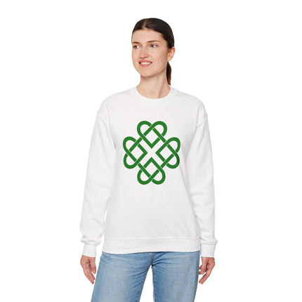 Green Celtic knot clover graphic on a white unisex sweatshirt.