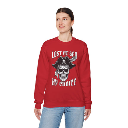 Lost At Sea By Choice pirate skull graphic sweatshirt. Red nautical apparel for adventure.