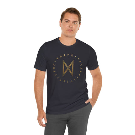 Golden Dagaz rune and Elder Futhark runes on a dark unisex t-shirt.