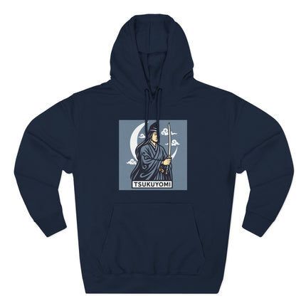 Tsukuyomi Japanese Moon God Samurai graphic hoodie featuring katana and crescent moon design.