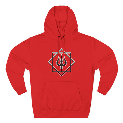 Red hoodie featuring a geometric Trishula symbol graphic, representing Lord Shiva and Hindu mythology.