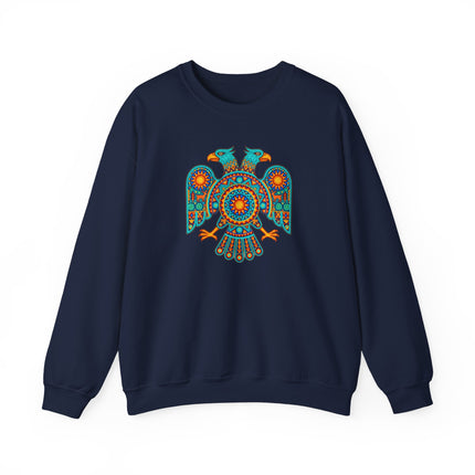 Vibrant pullover featuring a two-headed eagle in traditional Huichol Mexican indigenous art style.