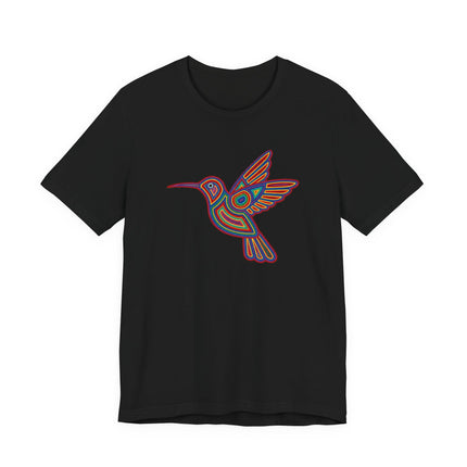 Vibrant Huichol hummingbird graphic tee featuring Mexican folk art colors on a black shirt.