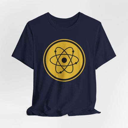Yellow atomic symbol graphic on a navy blue science physics t-shirt.
