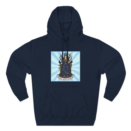 Frigg, Queen of Asgard Norse goddess graphic on a dark blue hoodie.