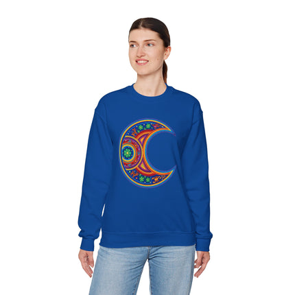 Blue sweatshirt featuring a vibrant Huichol-style crescent moon mandala graphic.