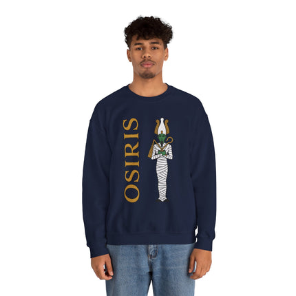 Osiris Egyptian god mummy graphic on a navy blue mythology sweatshirt.
