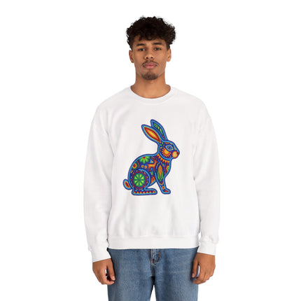 Beaded Huichol rabbit graphic on white sweatshirt, featuring colorful Mexican folk art style.