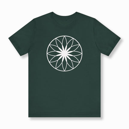 Sacred geometry lotus of life mandala graphic tee on a dark green shirt.