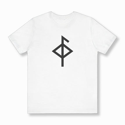 Black Othala rune graphic on a white t-shirt, symbolizing Norse protection and heritage.
