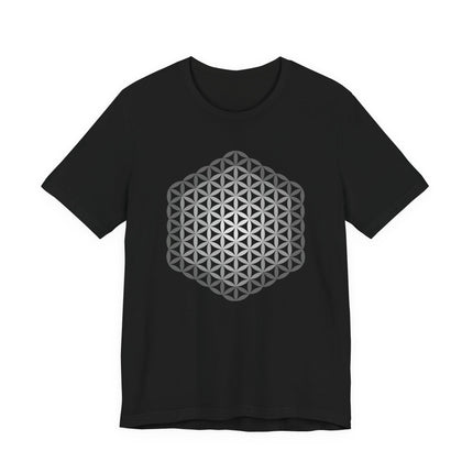 Black t-shirt featuring the Flower of Life sacred geometry pattern.