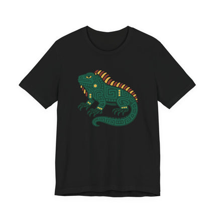 Mayan Iguana T-Shirt | Green Geometric Lizard with Striped Crest Tee