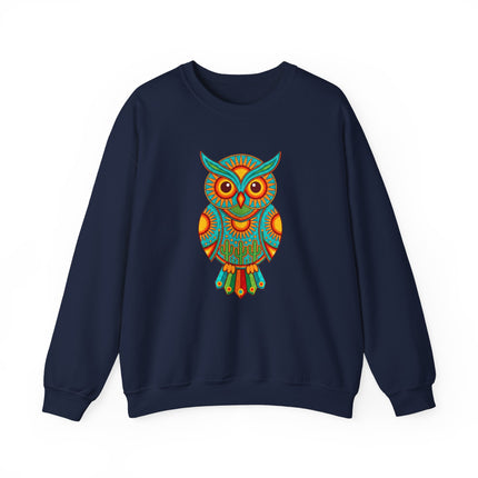 Vibrant Mexican folk art owl graphic on a navy sweatshirt.