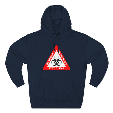 Navy blue hoodie featuring a red biohazard warning sign graphic that reads "Dangerous Hazardous Biohazard Stay Clear.