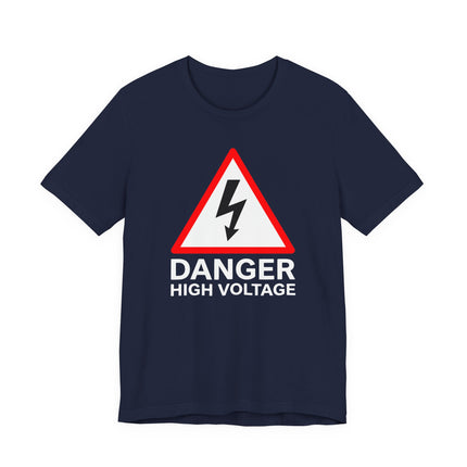 Danger High Voltage warning tee featuring a lightning bolt graphic for electricians and safety professionals.
