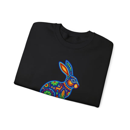 Colorful Huichol beaded rabbit design sweatshirt featuring vibrant Mexican folk art motifs.