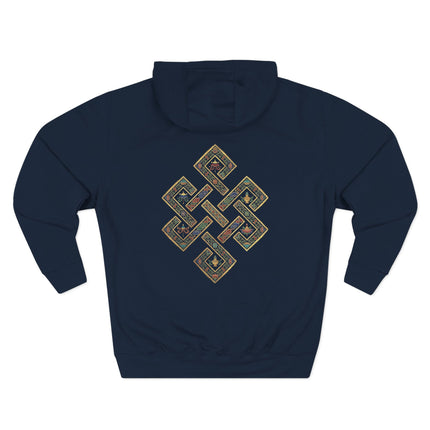 Navy hoodie featuring a golden Endless Knot Buddhist symbol design. Spiritual mandala print.