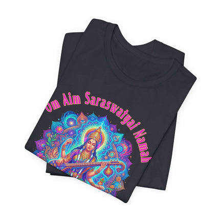 Saraswati Goddess mandala t-shirt featuring the Om Aim Saraswatyai Namah Hindu mantra.