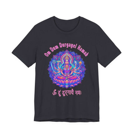 Om Dum Durgayei Namah mantra t-shirt featuring vibrant Durga Goddess mandala art.