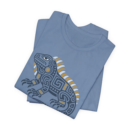 Mayan Iguana T-Shirt | Green Geometric Lizard with Striped Crest Tee
