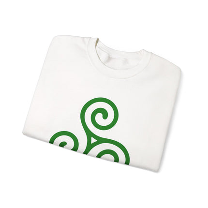Green Celtic triskelion spiral graphic on a white pullover sweatshirt.