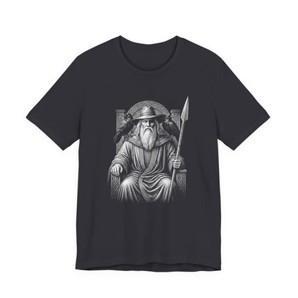 Odin Norse God graphic featuring ravens and a spear, inspired by Viking mythology art.