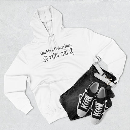 Om Mani Padme Hum mantra hoodie featuring Sanskrit Devanagari script.