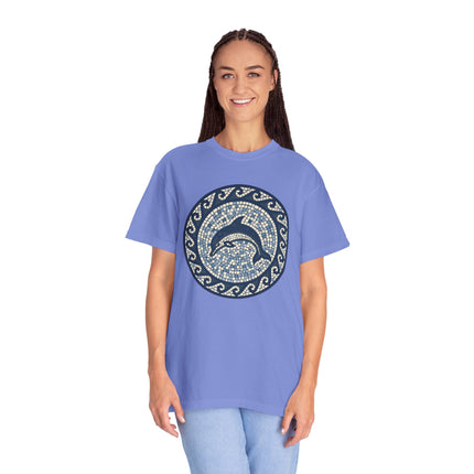 Dolphin Mosaic Art T-Shirt | Blue Marine Sea Life Greek Key Design