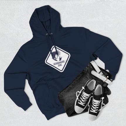 Headbanging Zone graphic hoodie featuring a devil horns silhouette for rock fans.