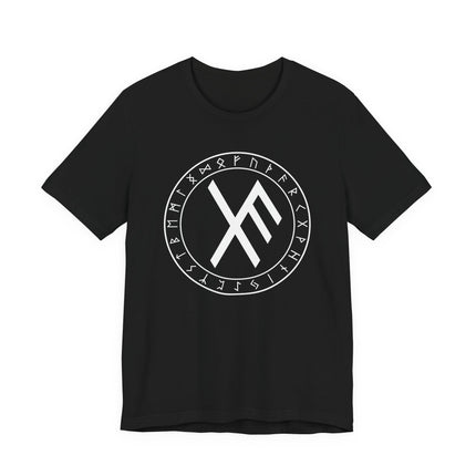 Black t-shirt featuring Norse runes, the Elder Futhark circle, and a central bind rune design.