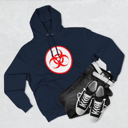 Dark hoodie featuring a striking red biohazard warning symbol graphic.