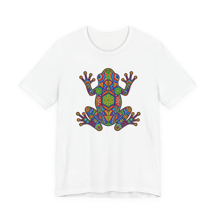 Colorful Huichol mosaic frog graphic tee featuring Mexican indigenous folk art design.